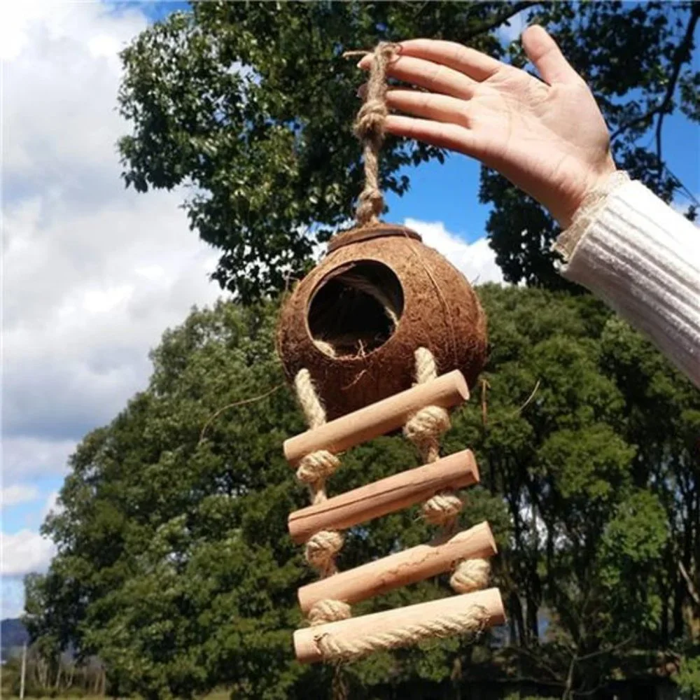 Coconut Hide with Ladder,Natural Coconut Fiber Hanging Birdhouse Cage,Bird Shell